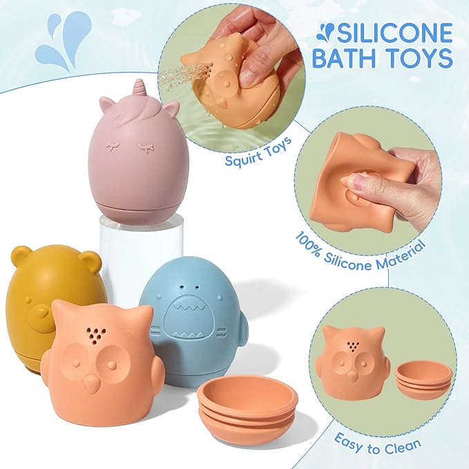 Baby Bath Toys 16 Pack Easy-Clean & Squeezable Silicone Bath Toys for Babies 6-12 Months Mold Free Bath Toys Toddlers 2-4 Bathtub Water Pool Toys