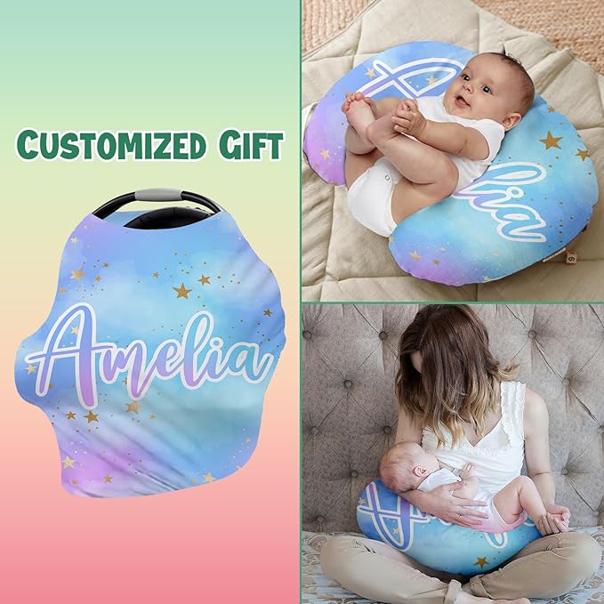 Personalised Car Seat Cover for Girls and Boys - 7 in 1 Multipurpose Breast Feeding Cover, Nursing Cover, Galaxy Star Grocery Cart Cover - Birthday Gift for Babies
