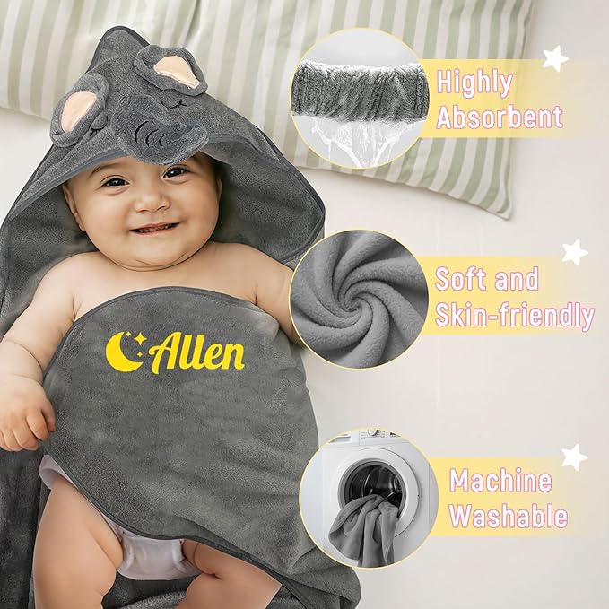 Personalized Baby Towels Hooded with Name, Custom Toddler Coral Velvet Fleece Bath Towel with Hood for Girl Boy, Customized Newborn Gifts - Embroidered (Grey Elephant)
