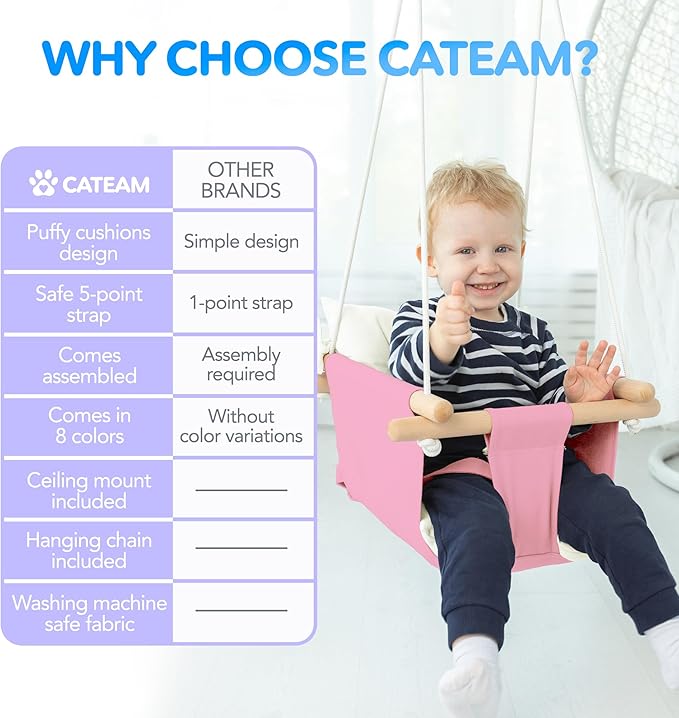 CaTeam - Canvas Baby Swing, Wooden Hanging Swing Seat Chair with Safety Belt, Durable Baby Swing Chair, Outdoor and Indoor Swing for Kids, Mounting Hardware Included, Pink