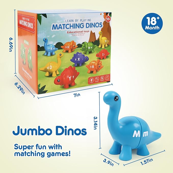 GKDOMS 26pcs Alphabet Dinosaurs Matching Toy, Toddlers ABC Learning Dinosaurs with Uppercase Lowercase, Match and Snap Fine Motor Game Preschool Learning Activities, Birthday Gifts for Boys & Girls