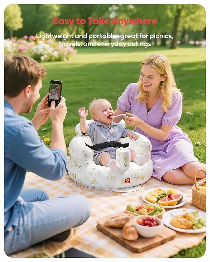 QPAU Inflatable Baby Seat with Safety Harness for Babies 3 Months & Up, Baby Floor Seats for Active Play, Blow Up Baby Chair with Built in Air Pump (Flowers)