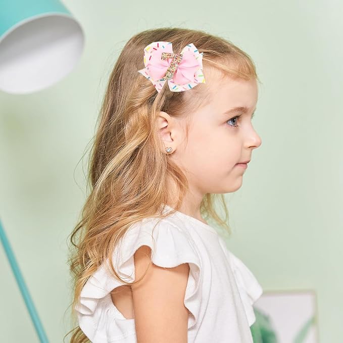 Birthday Hair Bow for Baby Girls - 2Pcs Pink Sprinkle Hair Clips for 7th Birthday Glitter Ice Cream Baby Bow Party Decorations for Girls Toddlers Hair Accessories (Pink-7 Years-Clips)