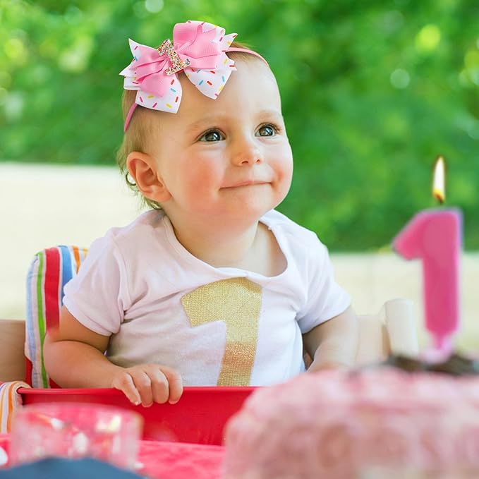 Birthday Hair Bow for Baby Girls 1 2 3 4 5 6 Years Sprinkle Decorations Confetti Ice Cream Party Pink Hair Accessories Headband for First 1st Birthday