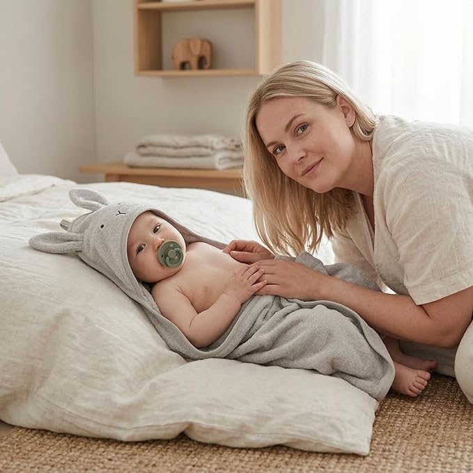 Hooded Baby Towels - 100% Organic Cotton Baby Bath Towels for Baby Boy, 32" x 32" Super-Soft and Absorbent Baby Towels for Newborn (Rabbit - Pearl Grey)