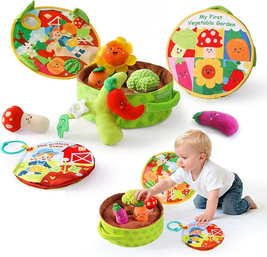 Montessori Toys for Babies 6-12 Months, Plush Vegetable Garden Sensory Sorting Toy with Storage Base, Soft Plush Farm Harvest Game for Fine Motor Skills, Perfect Baby Boys Girls Gift 0-2 Year Old