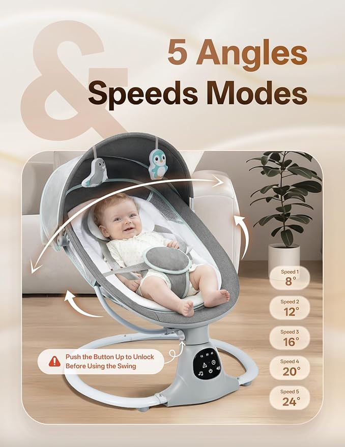 Electric Baby Swing for Infants to Toddler, Portable Swing Rocker with 5 Point Harness, 5 Sway Speed, Bluetooth,12 Preset Lullabies with Remote Control, Infant Swing for Baby Boys & Girls, Grey