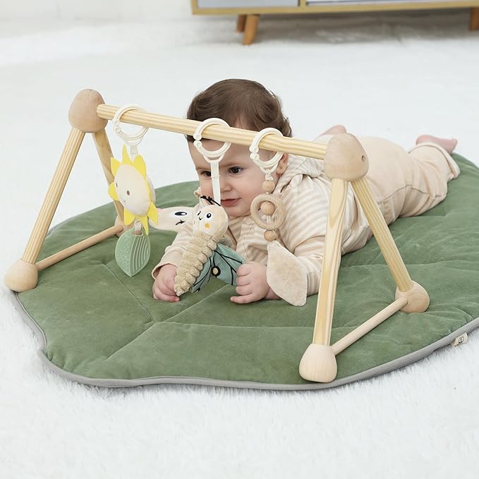 4-in-1 Wooden Baby Play Gym & Activity Mat, Soft Cotton Tummy Time Mat for Babies 0+,with 3 Detachable Toys for Sensory & Motor Skill Development,Newborn Infant Baby Essentials Gift,Leaf