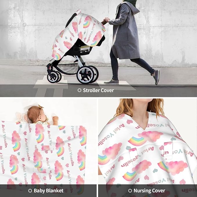 Personalized Baby Car Seat Cover Canopy with Name for Girls Boys Custom Pink Rainbow Baby Carrier Covers