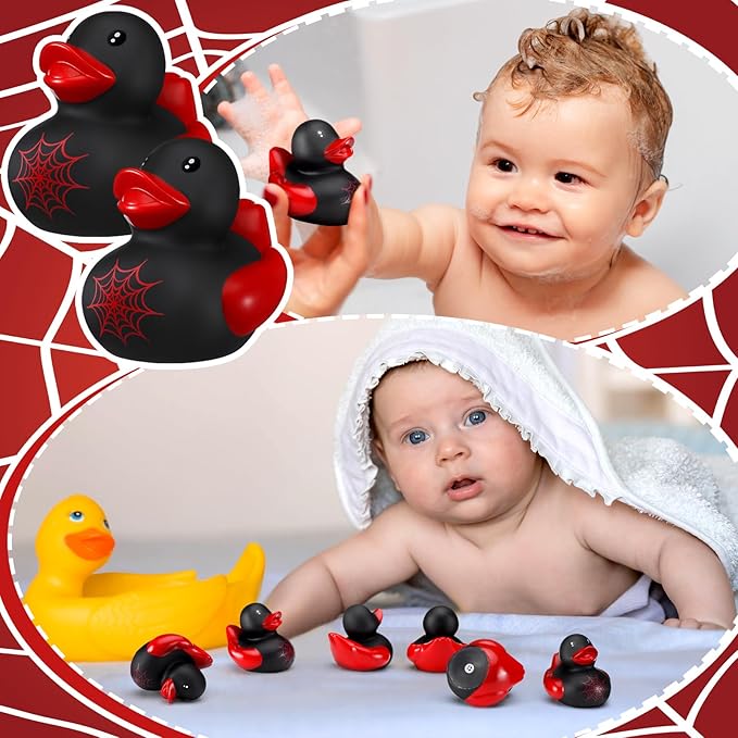 Leyndo 24 Pcs Spiderweb Rubber Duck Bulk Spiderweb Birthday Party Decoration Favors Squeaky Red Black Rubber Duck for Bathtub Floating Pool Gifts Party Supplies