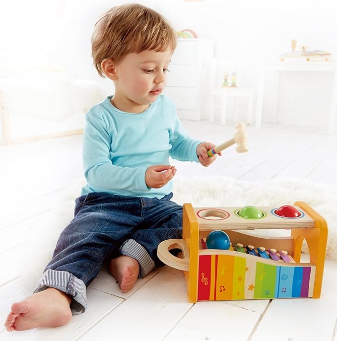 Hape Country Critters Wooden Activity Play Cube Pound & Tap Bench with Slide Out Xylophone - Award Winning Durable Wooden Musical Pounding Toy Multifunctional and Bright Colours, Yellow