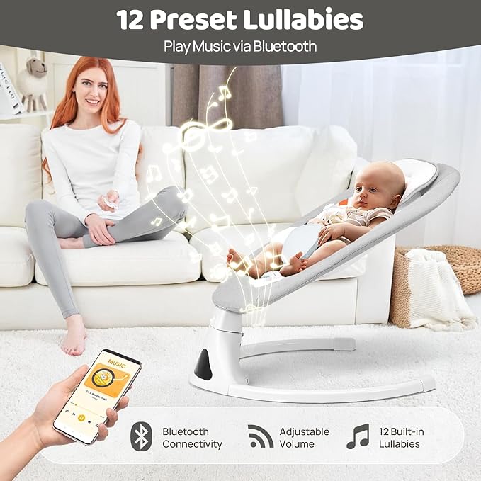 Baby Swing for Infants, Bluetooth Infant Swing with Remote Control, Portable Baby Swings with 5 Speeds, 5 Point Harness Belt, Modern Design for Newborn (Max 20 lbs Gray)