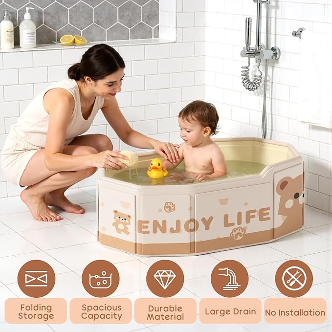 Foldable Baby Bath, Collapsible Baby Bathtub 3M-8Y, Portable Travel Baby Bath Tub with Non-Slip Base, Pop Up Folding Newborn Toddler Shower Tub, Space Saving, Brown