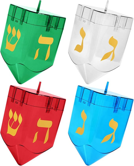 Large Fillable Dreidels for Hanukkah, Pack of 4 Plastic Dreidels Bulk, Assorted Colors Large Dreidels That Bring Joy and Tradition to Every Celebration