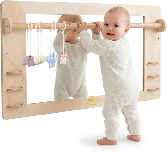 Coordination Montessori Toddler Mirror with Handle Wooden Shatterproof Acrylic Non Glass Safety Early Learning to Walk Standing Mirror for Babies Nursery Playroom Wall Mounted 47.24"