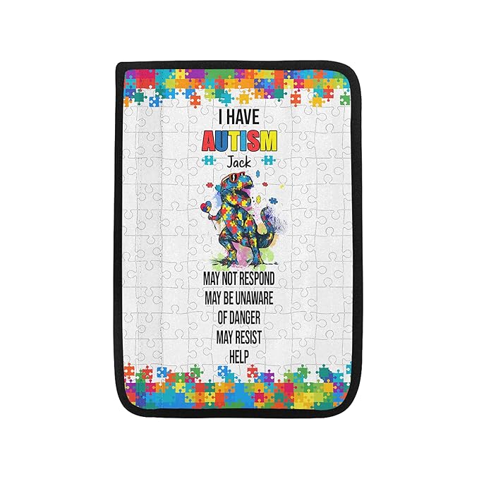 AprilLove I Have Autism Dinosaur Personalized Name Autism Awareness Seat Belt Covers Special Need Autistic Car Seat Belt Covers for Kid Children Medical Alert, 7'' x 10''