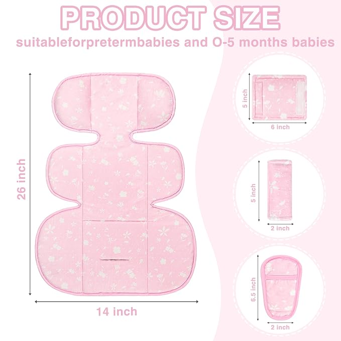 Infant Car Seat Insert, 3 in 1 Ultra-Thick Newborn Carseat Insert with Strap Covers for Girls, Man Fai Sky Universal Car Seat Head Support Baby for Carseat, Strollers, Swings, Bouncer (Pink)