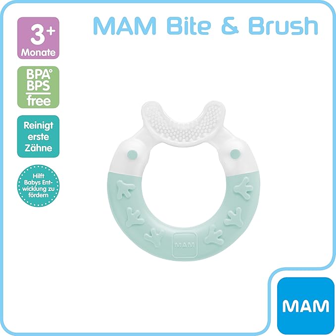 MAM Bite & Brush Teether Baby Teething Aid Soothes Gums, Supports Dental Care with Extra Soft Bristles, from 3+ Months, Turquoise, Pack of 1