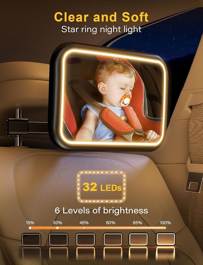 TAZENI Baby Car Mirror With Light & Remote Control, Baby Mirror for Car Seat Rear Facing Stable Hook Clip, Car Seat Mirror for Baby Rear Facing, Crystal Clear ShatterProof, Long Lasting Battery