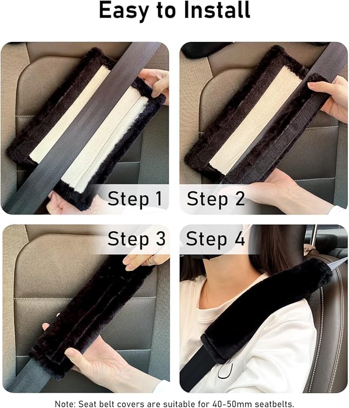 BELINOUS Faux Sheepskin Seat Belt Cover, Soft & Comfortable Seat Belt Shoulder Pad, Thick Car Seat Belt Cushion, Seat Belt Neck Protector for Kids Adults 2 Pack (Black)