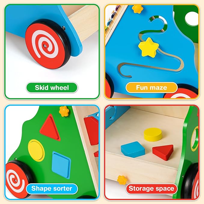 HUZU Wooden Baby Walker with Wheels, Montessori Push and Pull Activity Center for Toddlers, Adjustable Height & Speed, Learning Toy for 6-12 Months 1-3 Years Old Boys and Girls (Rainbow)
