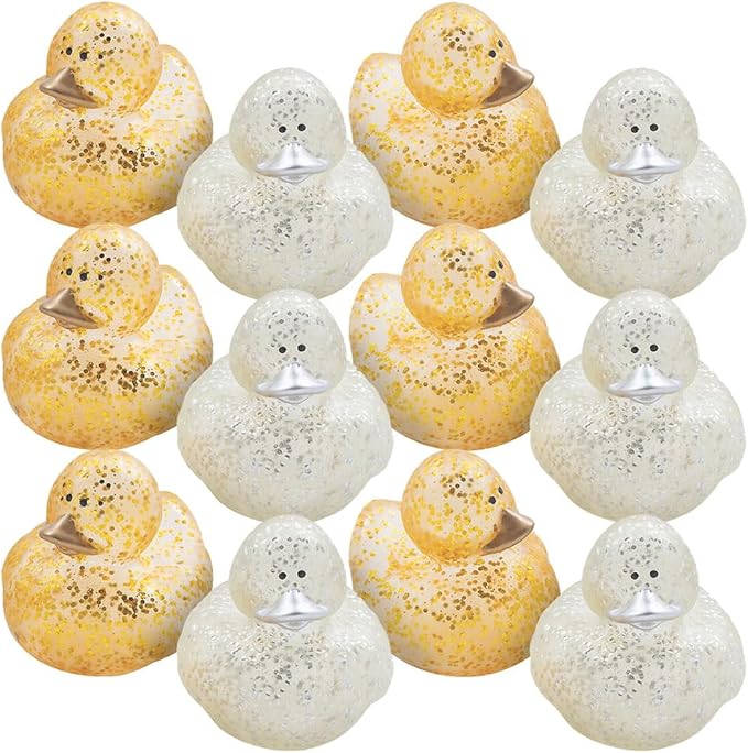 Fun Express Gold & Silver Glitter Sparkle Rubber Ducks - 12 Pieces | Baby Shower, Beach, Pool, Birthday, Bathtub Toys