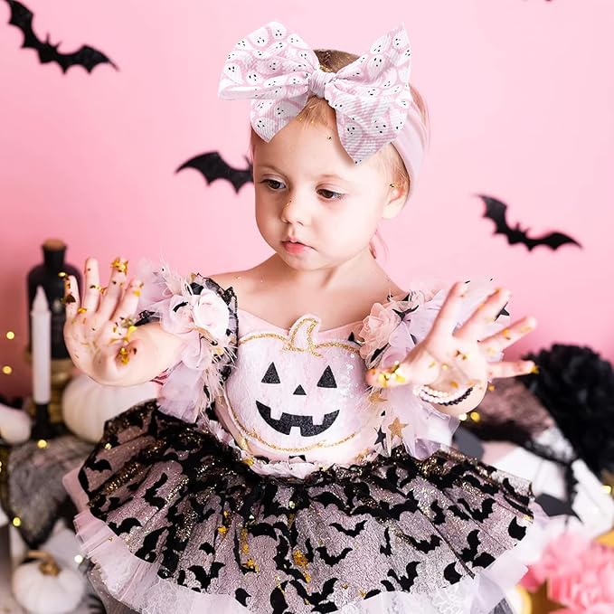 YanJie Halloween Baby Headbands Bow Ghost Hair Bow Baby Pink Halloween Bow baby White Halloween Bows Newborn Bows Infant Halloween Hair Accessorie