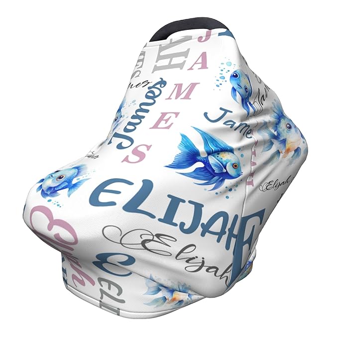 Personalized Baby Car Seat Cover with Name Stroller Canopy Custom Angelfish Carseat Cover Newborn Baby Boy Girl Nursing Cover for Moms First Birthday Gift