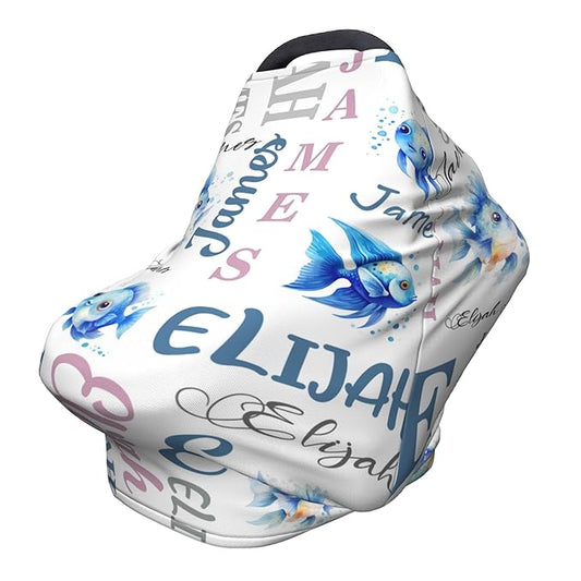 Personalized Baby Car Seat Cover with Name Stroller Canopy Custom Angelfish Carseat Cover Newborn Baby Boy Girl Nursing Cover for Moms First Birthday Gift