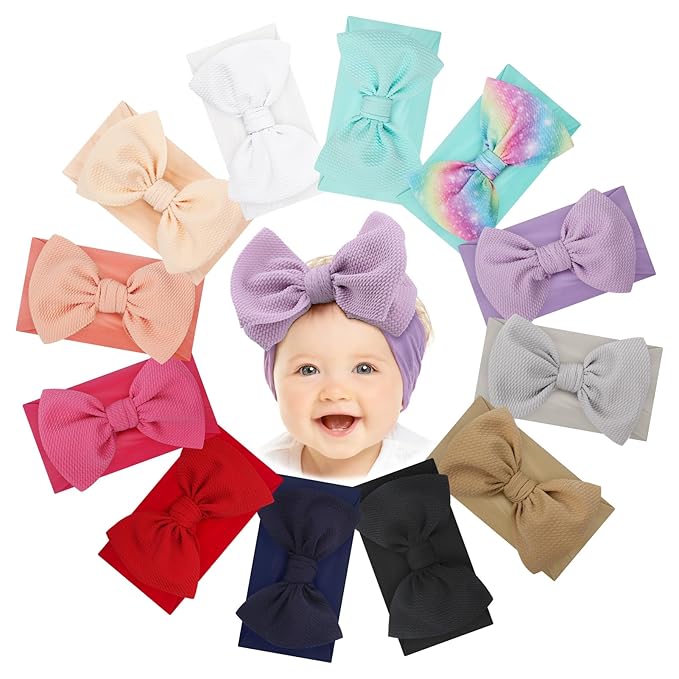 Handmade Large Knot Tied Bow Headband - Stretchy Nylon Soft Elastic Wide Headwraps for Newborns in 12 Colors