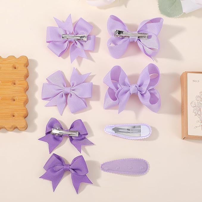 choicbaby 8pcs Baby Girl Hair Bow Clips Set, Purple Toddler Hair Clips Boutique Grosgrain Ribbon Bow Hair Barrettes Accessories for Infant Toddler Kids