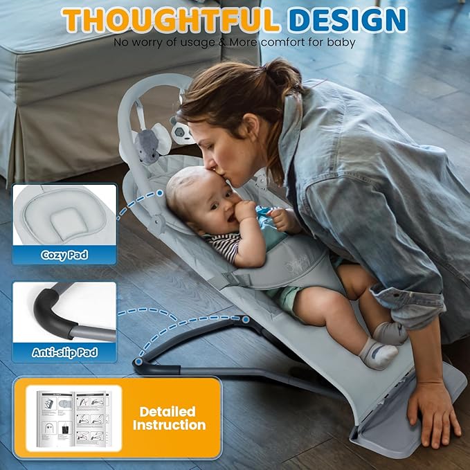 Orzbow Portable Baby Bouncer, Foldable Baby Bouncer Seat with Storage Bag and Removable Play Bar, 3 Recline Positions, 0-12 Months Up to 20lbs, Ergonomic Design, Easy to Wash, Grey