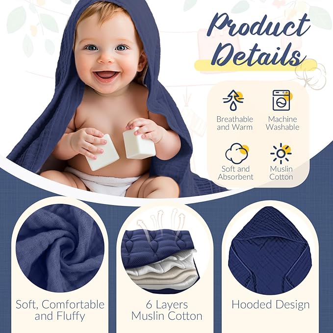 VitalCozy 12 Pcs Baby Muslin Hooded Bath Towels and Washcloths, Muslin Hooded Baby Towels Absorbent Blankets for Gift Newborn Infant Shower (Blue Style)