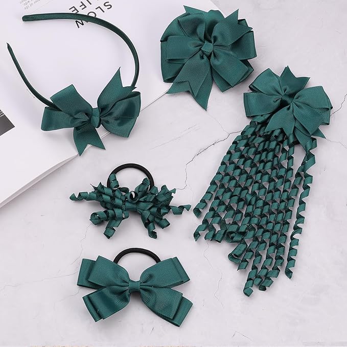 School Hair Accessories Set 14 Pcs Uniform Hair Bow Headband Clips Hair Ties Curly Korker Bows for Little Toddler School Girls (Dark Green)