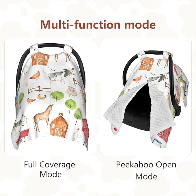 Farm Carseat Covers Baby, Winter Carseat Cover for Baby, Minky Baby Car Seat Cover for Boy & Girl, Peekaboo Opening Car Seat Canopy for Newborn, Multi Use Mom Nursing Cover, Farm Animals