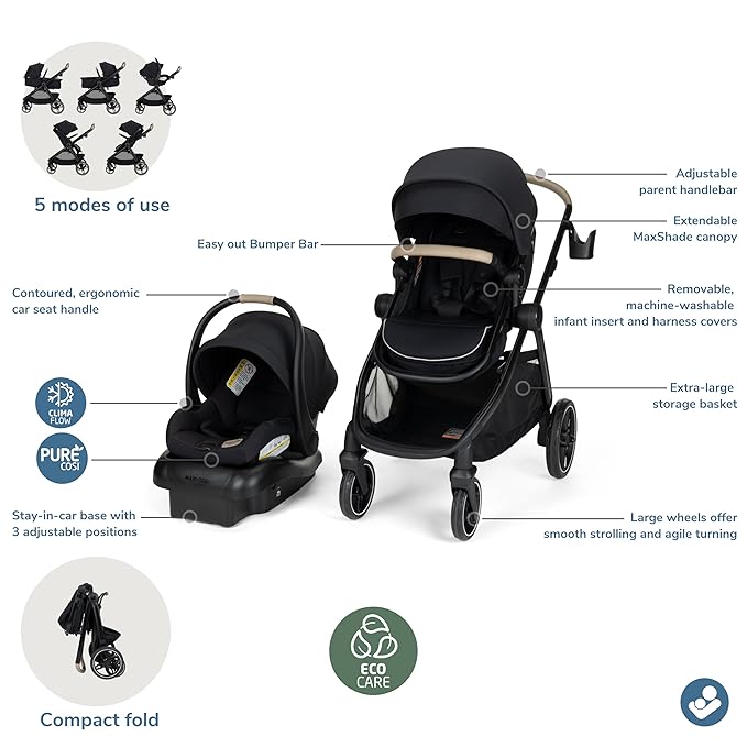 Maxi-Cosi Zelia Pro 5-in-1 Travel System with Mico Pro Infant Car Seat, Baby Stroller Combo, Reversible Seat, Large Wheels, Adjustable Handle, Newborn to Toddler, Lightweight, Caspian Caviar