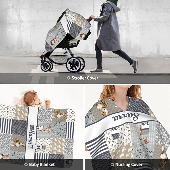 Personalized Baby Car Seat Canopy for Boys Girls, Custom Name Baby Car Seats Covers for Babies, Opening Minky Nursing Breastfeeding Stroller Cover Infant Carseat Canopies for Newborn (Dog Puppy)