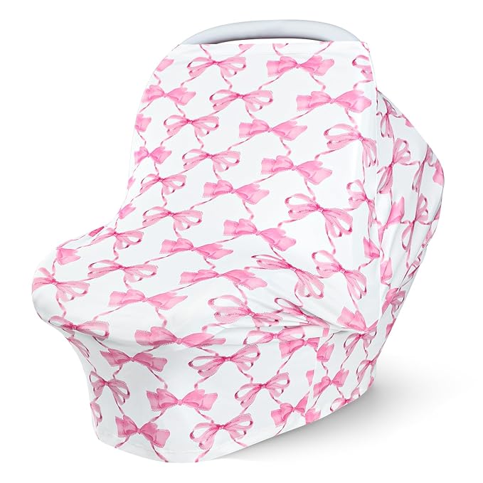 Baby Car Seat Cover Girls, Infant Carseat Canopy, Stretchy Multi- use Nursing Cover for Stroller/High Chair/Shopping Cart/Car Seat Canopies (Pink Bow)