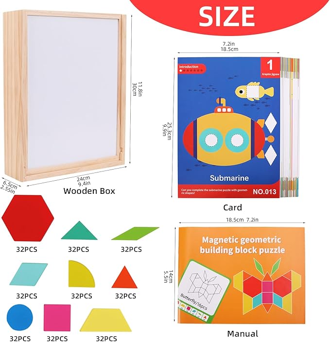 288 PCS Wooden Magnetic Pattern Blocks Set,Montessori Tangram Puzzle STEM Toys for Kids Ages 3-8, Educational Learning Toys Gift