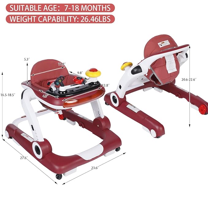 Kinder King Baby Walker with Music & Lights, 5 in 1 Baby Activity Walker with Wheel, Adjustable Height & Seat, Learning-Seated & Toddler Walk-Behind, Safety Bumper, Infant Walker Anti-Rollover, Red