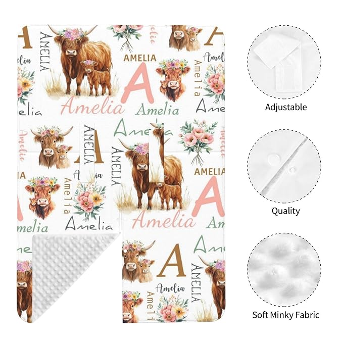 Personalized Highland Cattle Baby Car Seat Canopy for Girls, Custom Name Baby Carseats Cover, Multi-use Nursing Breastfeeding Scarf for Infant Newborn, Cute Cow Strollers Carseat Canopies
