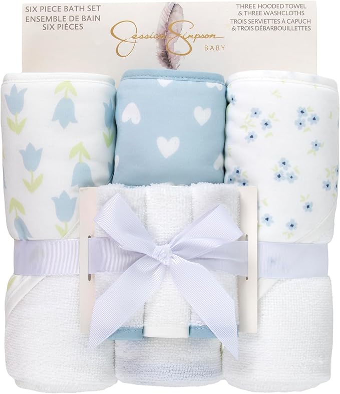 Jessica Simpson Baby 6-Piece Hooded Towel & Washcloth Set – Soft Polyester Hooded Towels + Matching Washcloths – Blue & Neutral Floral Design