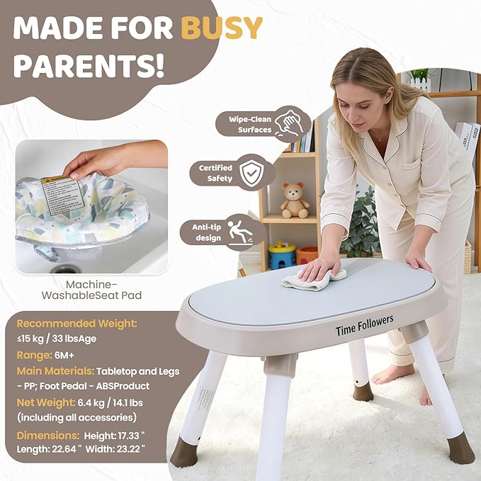 Time Followers® 6-in-1 Baby Activity Center | 4 Stage Montessori-Inspired Toys | Grow Stationary Standing Toddler Table | Jumpers & Bouncers | Must Have for Boy & Girl 6, 12, 24+ Month Old (Beige)
