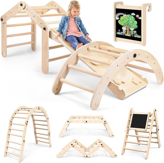 Deformable Pikler Triangle Set with Sliding Ramp & Climbing Arch Ramp, Wooden Toddler Climbing Toys Indoor, Playground Jungle Gym for Kids, Montessori Climbing Set for Toddlers