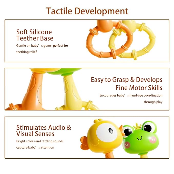 2 Pack Baby Rattles 0-12 Months, Montessori Sensory Teething Toys, Fully Boilable Silicone Maracas Shaker, Fine Motor Skills, Frog & Chick Newborn Gift