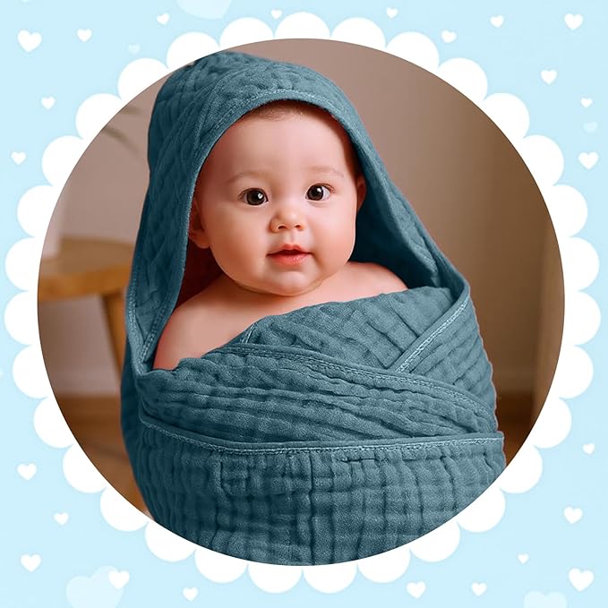 Peryiter 6 Pcs Muslin Hooded Baby Towels 32 x 32 Inch Cotton Newborn Bath Essentials Muslin Infant Blankets Absorbent Registry Gifts for Girl Boy Kids Baby Shower (Green Series)
