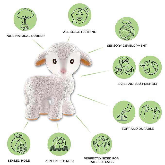 CaaOcho Pure Natural Rubber Teething Baby Toy - Mia the Lamb Teether for Babies, BPA Free Baby Toy, All Natural Teething Toys for Babies 0-6, Safe and Fun Molar Teether Toy