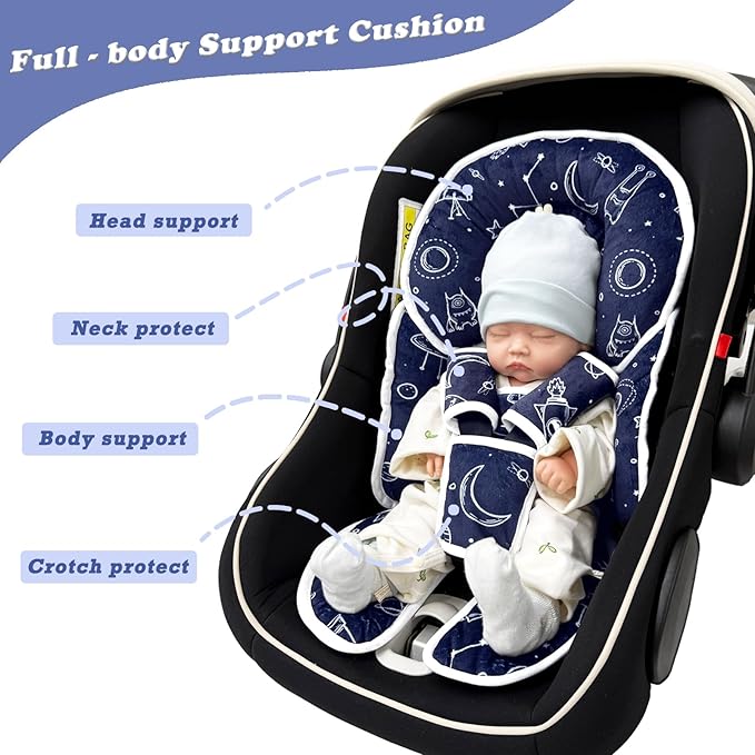 Infant Car Seat Insert, 2 in 1 Carseat Head Neck Pillow for Newborn, Baby Carriage Pad with Strap Covers, Universal Seat Pad for Carseats, Stroller, Swings, Bouncer, Planet (Navy Blue)