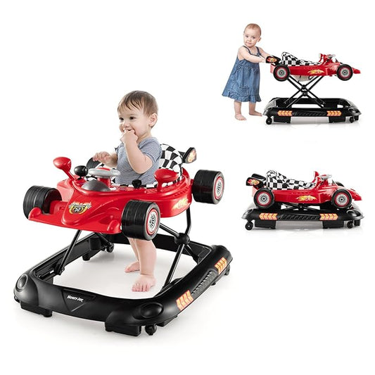 HONEY JOY Baby Walker, 4-in-1 Foldable Infant Activity Push Walker, Toddler Car Walker w/Adjustable Heights, Music, Lights, Removable Tray, Baby Walker with Wheels for Boys Girls 7-14 Months (Red)