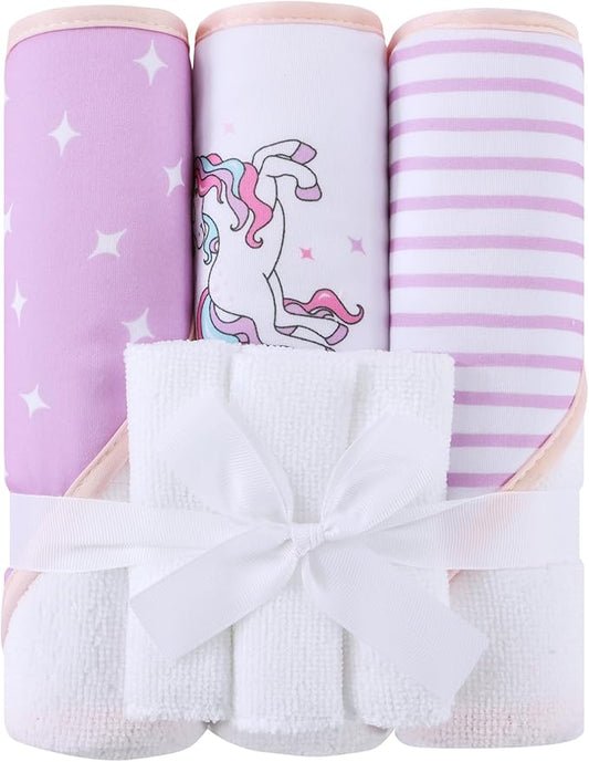 Mooreeke Baby Towel with Hood for Girls Purple Unicorn Bath Towel for Babies Ultra Soft Absorbent 3 PCS Baby Towels and 3 PCS Washcloths for Newborn Essentials